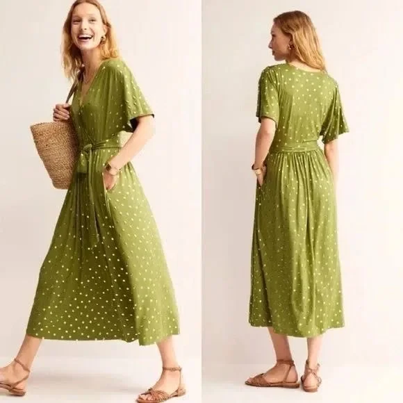 Boden | Dresses | Nwt Boden Kimono Wrap Jersey Dress In Green With Gold  Polka Dots Size Us | Poshmark